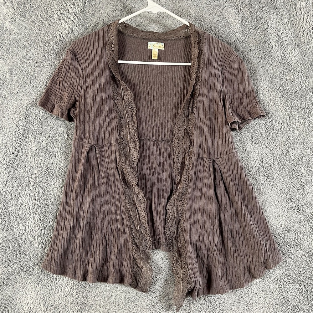 Susina Blouse Top Womens Large Brown Crinkled Textured Lace Trim Open Front